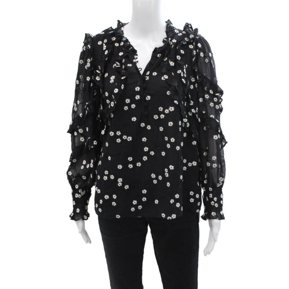 Rebecca Taylor Womens Floral Print Ruffled Button DownBlouse Black White Size 8 - Picture 1 of 7